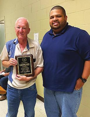 Richard Billingsley (left) was recognized during last Tuesday’s Hugo city council meeting for his many years of public service. Billingsley was a member of the planning and zoning board, before his recent resignation. Pictured with Richard is Hugo Mayor, Ernest McCarty.