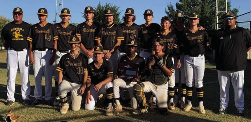 BOSWELL SCORPIONS HEADED TO STATE! — The Boswell Scorpions have earned another trip to the Oklahoma Baseball Playoffs, slated to face Calumet on Thursday at 4 p.m. in Edmond. Members of the team include: Jesse Gardner, Garrett Bacon, Kamden Edge, Tabor Ribera, Kyler Cheshier, C.J. Jeffries, Kolson Edge, Brenden Robinson, Michael Salcido, Cameron Head, Henry Lively, Mauricio Rubio and J.W. Dill. Also pictured are coach Christian Waldorf (right) and Superintendent Keith Edge (left).