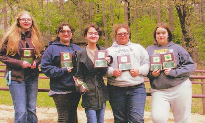 Top Left: Fort Towson State 4-H Forestry Judging Senior Team includes: Lillabeth Whitlow, Samantha Scott, Autumn Diggs and McKayle Brents.