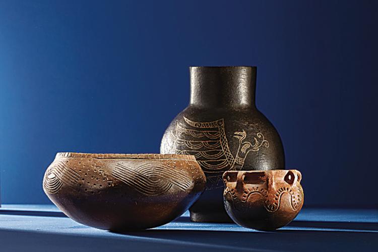 A trio of clay bowls etched with traditional designs show the beauty of Choctaw artistry in everyday utensils. These and more artifacts from the 1700s will be displayed in the exhibit “Okhvta Chito Okhoatali: Choctaw and French Transatlantic Legacies” at the Choctaw Cultural Center. Photo provided by Musée du Quai Branly-Jacques Chirac