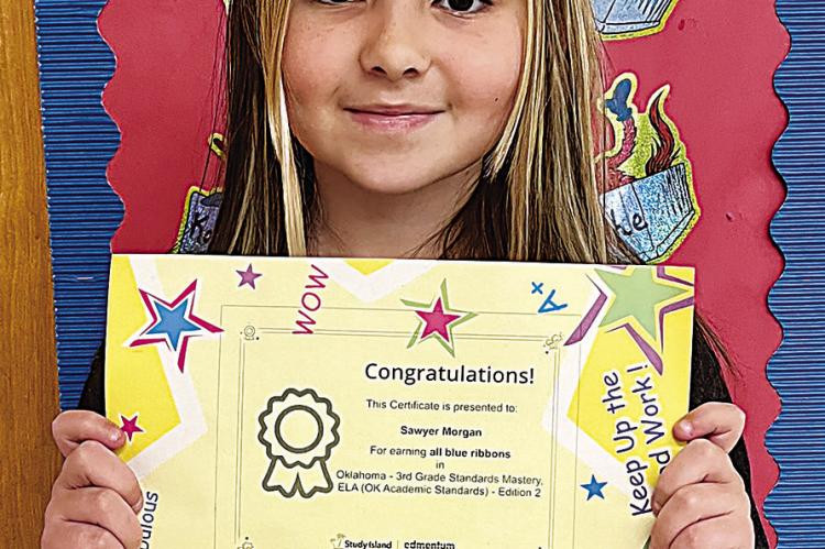 Sawyer Morgan, a third grade student at Fort Towson Elementary School, is the first third grade student to achieve all blue ribbons on her ELA Study Island. She is in Julie Birdsong’s class.