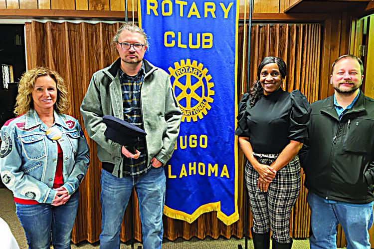 David Reed (center-left), Historical Interpreter at the Fort Towson Historic Site, was the featured guest last week during the Rotary Club meeting, and he presented a fascinating time regarding the history of the fort. He is pictured (l-r) with Rotarians Rochelle Cory, Katrina Bills and Colby Bryant.