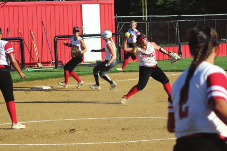 JOCELYN RICE fields an infield hit and turns to make the throw to second, while her teammates are moving in several different directions. Also pictured are Chloeaunna Madbull, Shy’Anne Wolfe, Sadie Rice, and Jaylee Campbell. (Brian Moore Photo)